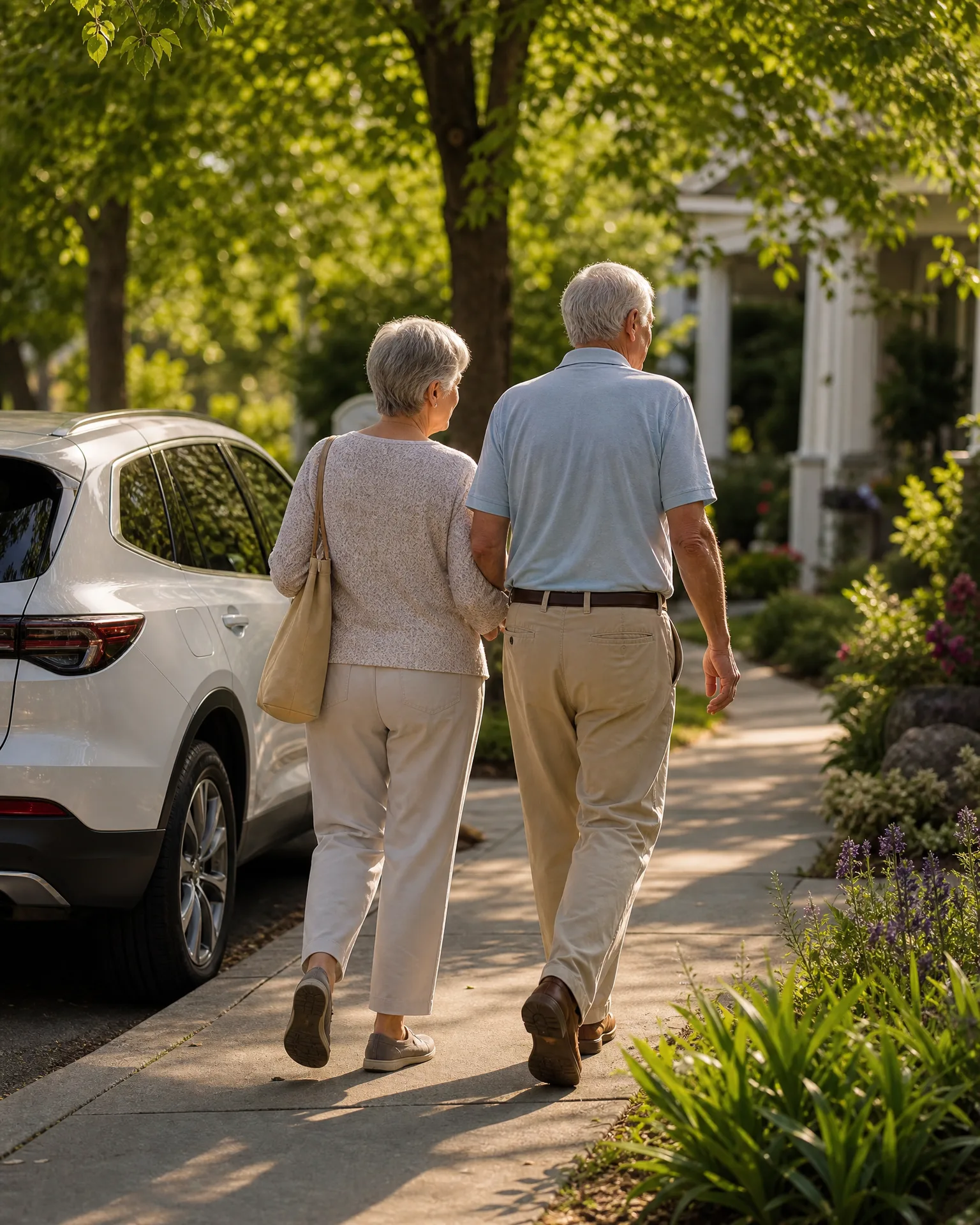 An older couple walks arm in arm away from the camera along a sunlit sidewalk, past a white parked SUV with green trees, shrubs and a white-columned porch nearby.
