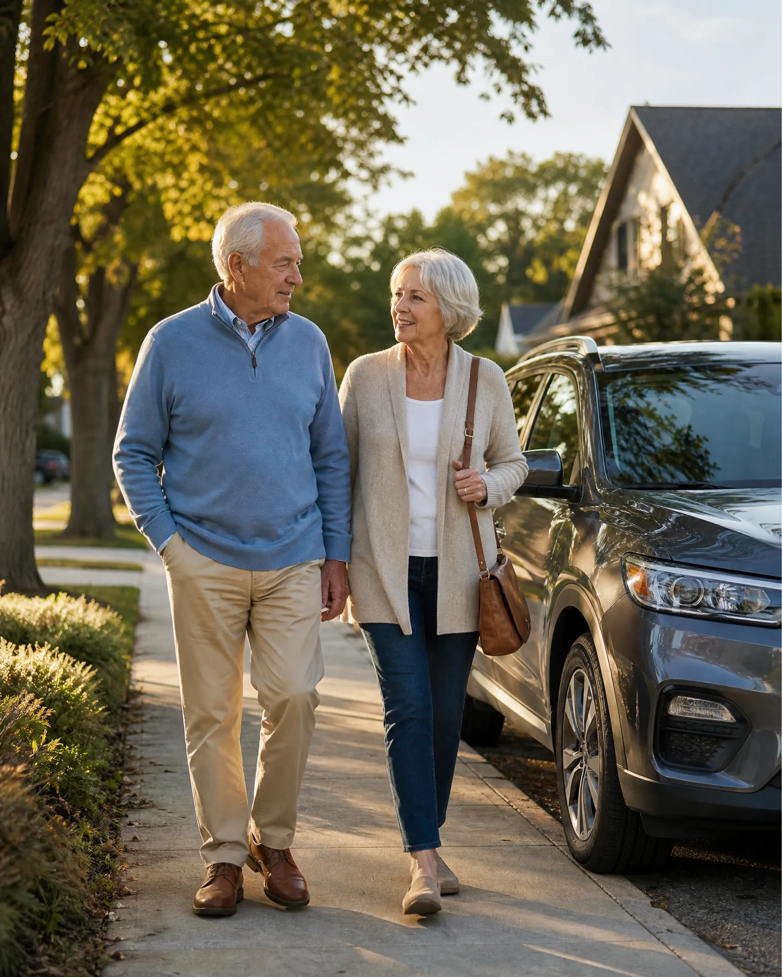 An older man in a blue sweater and an older woman in a beige cardigan with a brown shoulder bag walk along a sidewalk beside a parked gray SUV, with trees and houses in the background.
