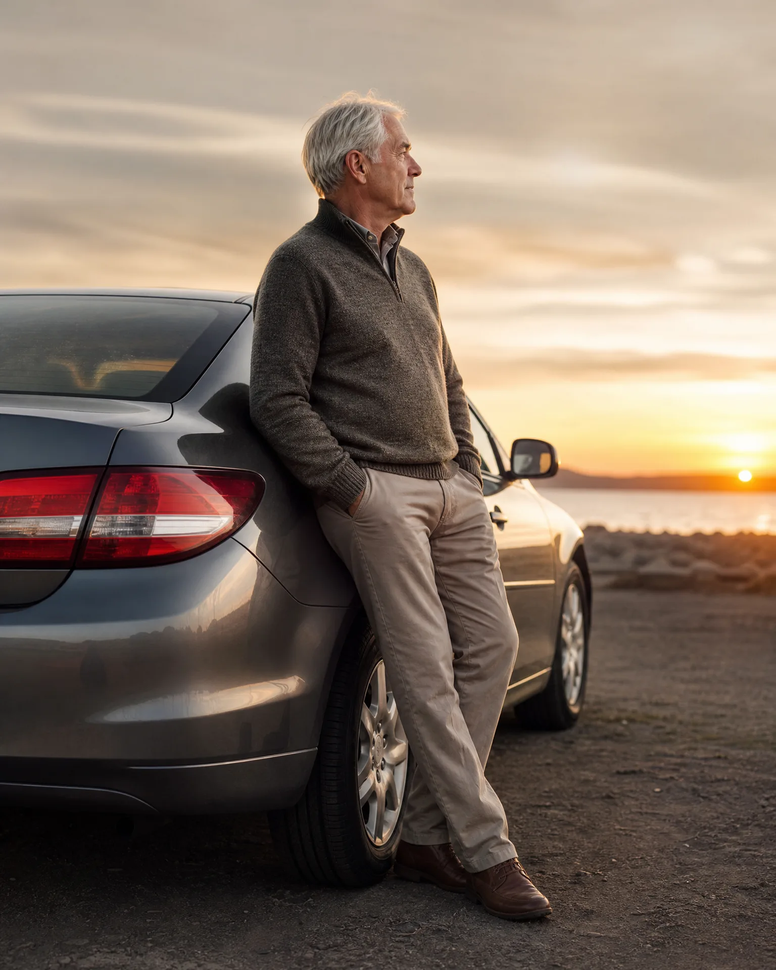A gray-haired man in a dark zip sweater and khaki pants leans against the rear of a gray sedan on gravel ground, looking toward a sunset over water with low hills on the horizon.