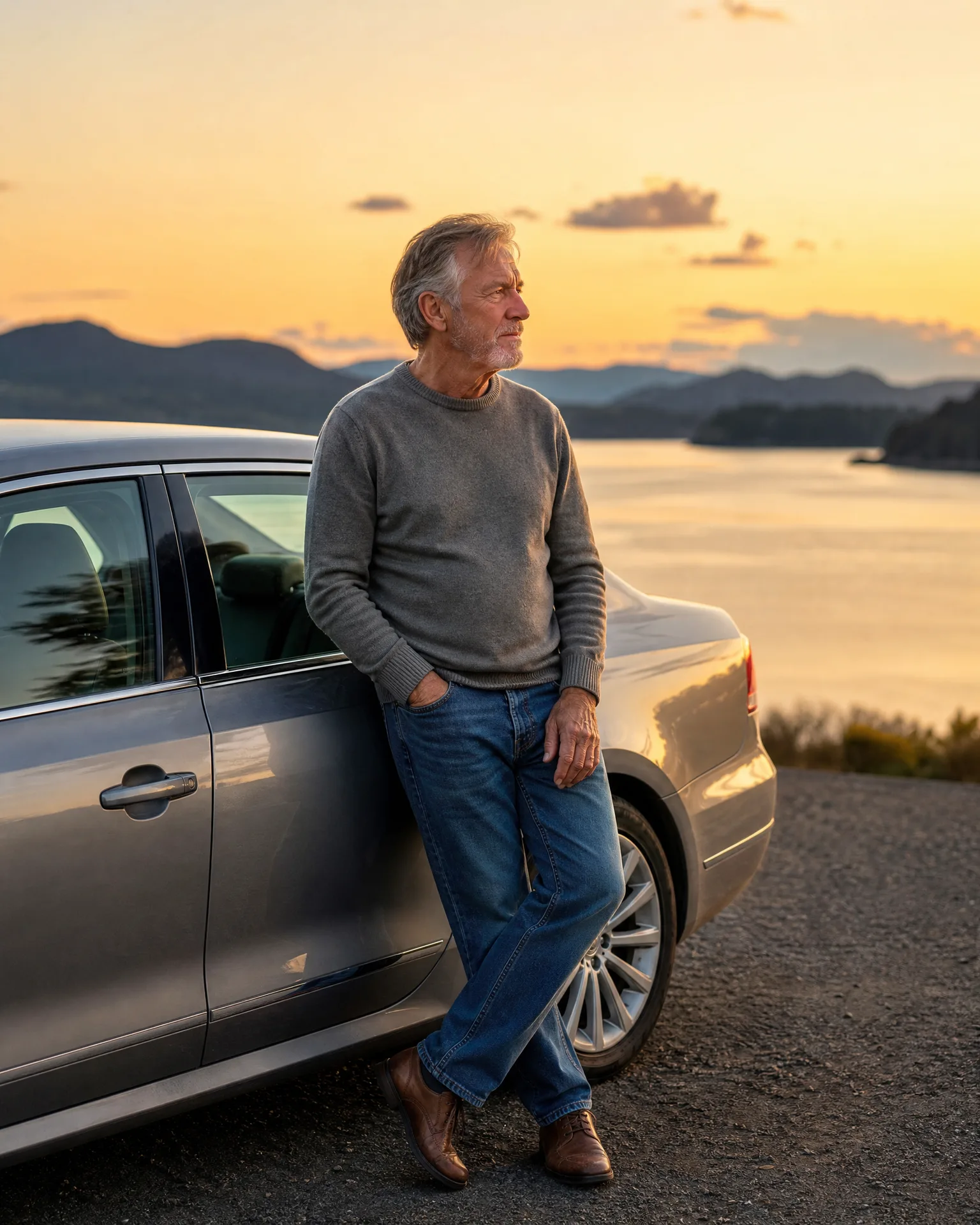 An older man in a gray sweater and jeans leans against a silver sedan on a gravel overlook above water and distant hills at sunset.