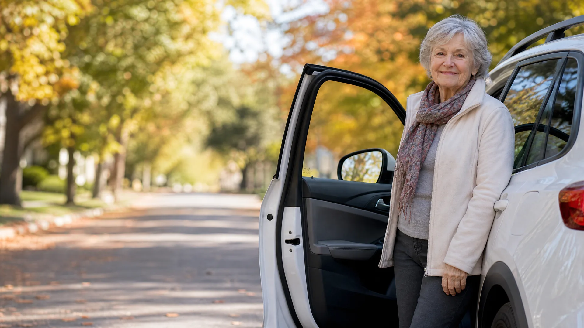 An older woman with short gray hair, wearing a cream jacket and patterned scarf, stands beside the open driver's door of a white SUV on a tree-lined street with autumn foliage.