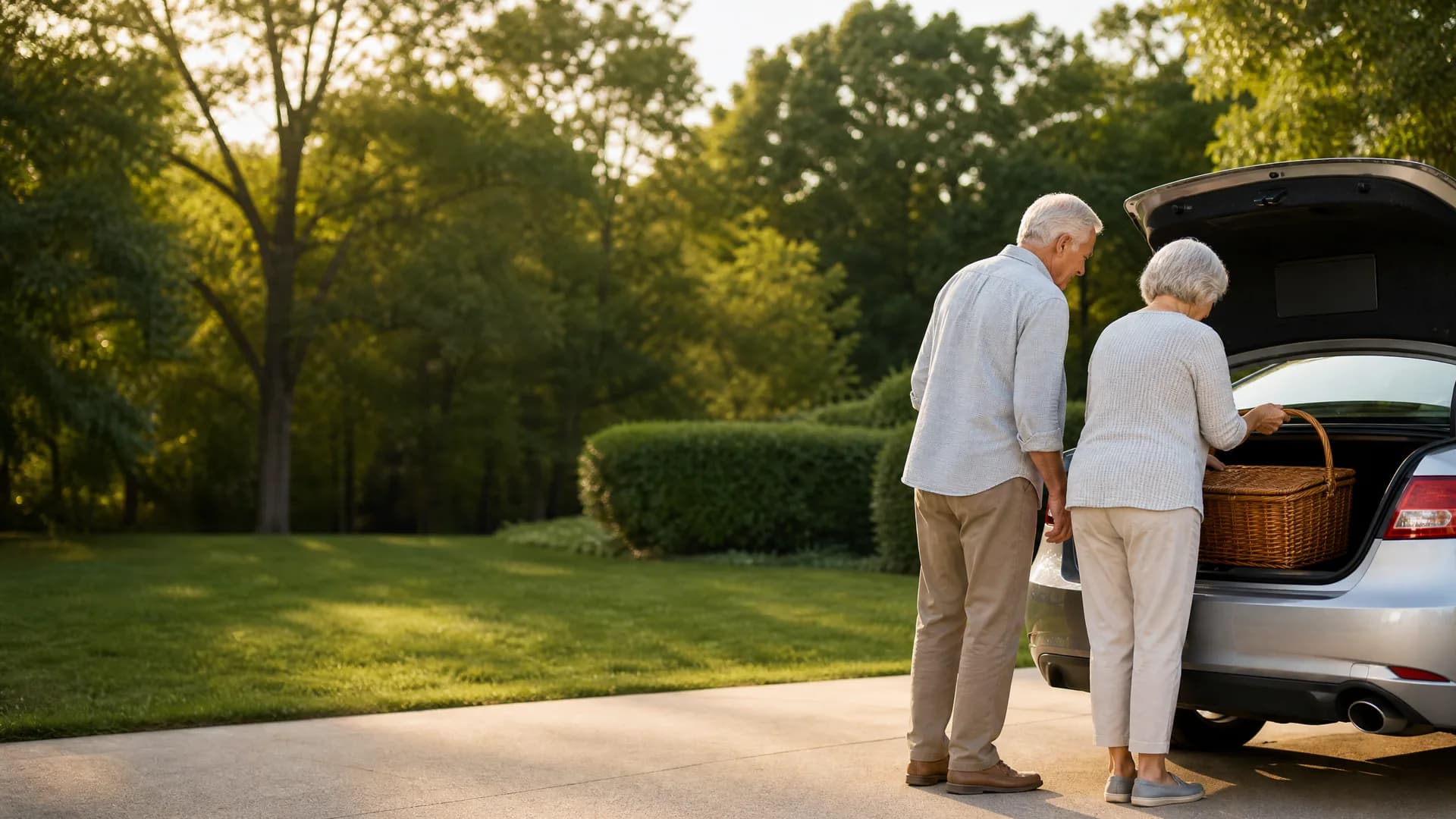 An older man and woman stand at the open trunk of a silver car on a paved driveway, loading a wicker picnic basket, with a lawn, hedge and trees behind them.