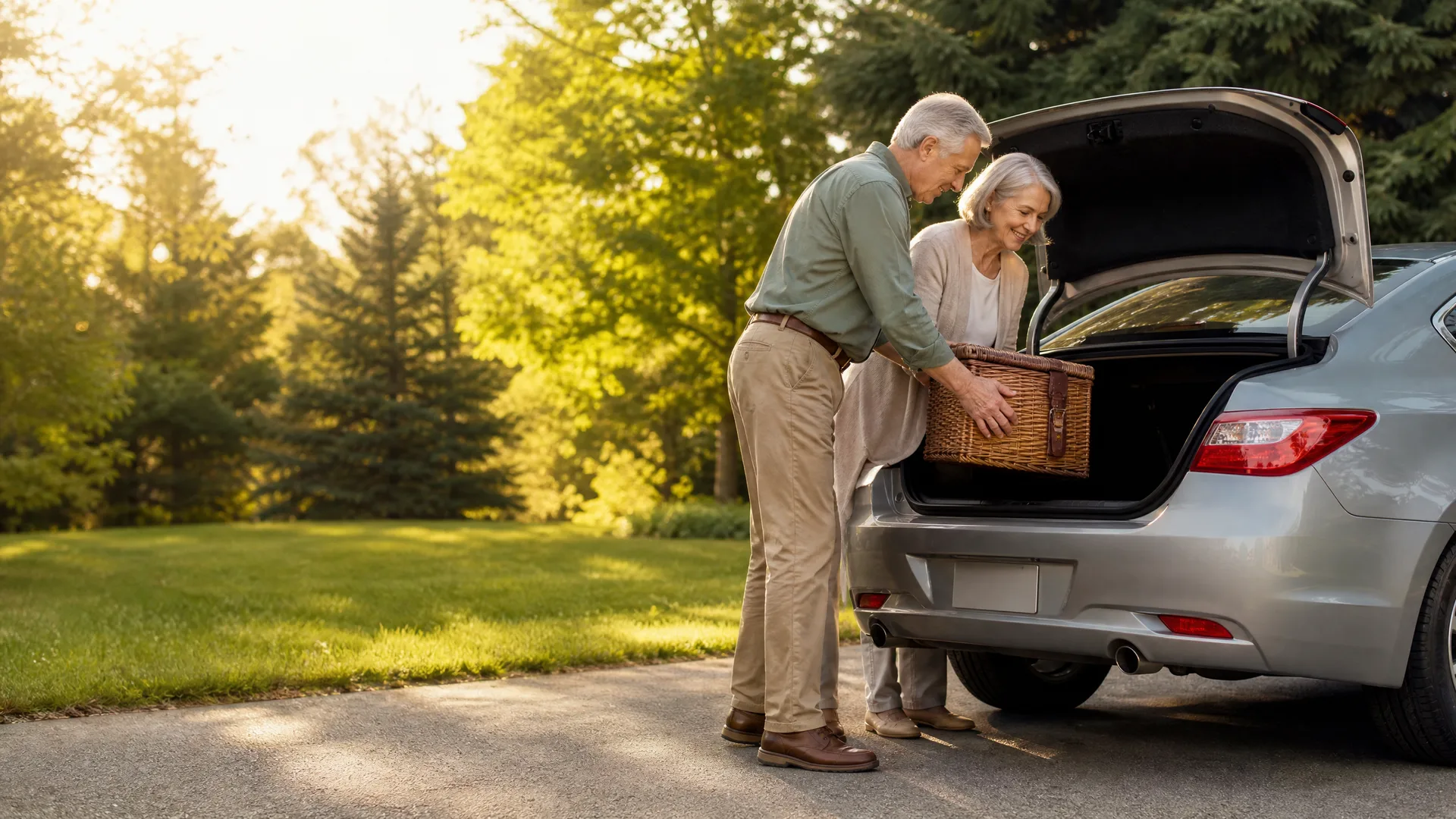 An older man and woman load a wicker picnic basket into the open trunk of a silver sedan parked on a paved driveway beside a lawn and evergreen trees.