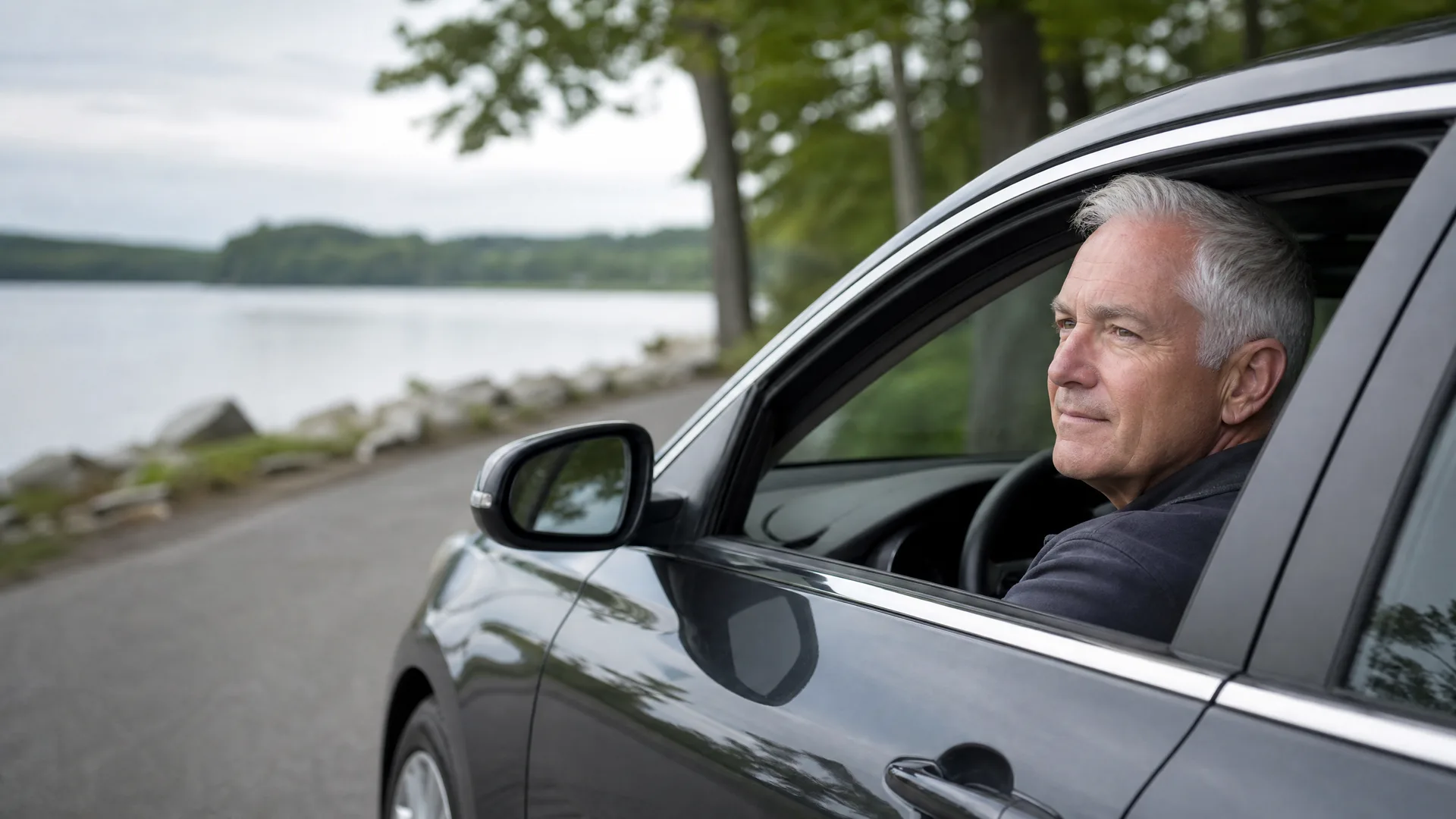 A gray-haired man sits in the driver's seat of a dark car with the window down, looking out toward a calm body of water bordered by rocks and trees along a paved road.