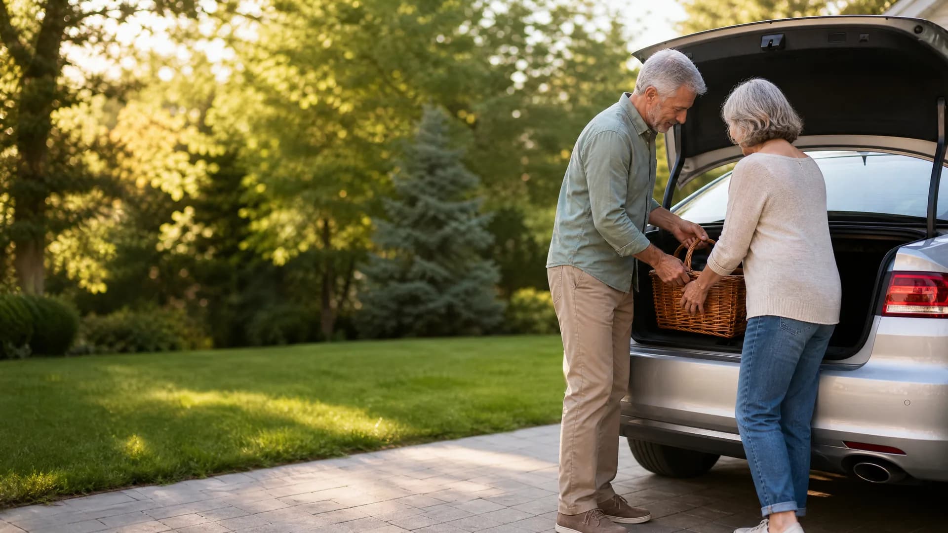 An older man and woman load a wicker basket into the open rear hatch of a silver station wagon parked on a paved driveway beside a lawn and trees.