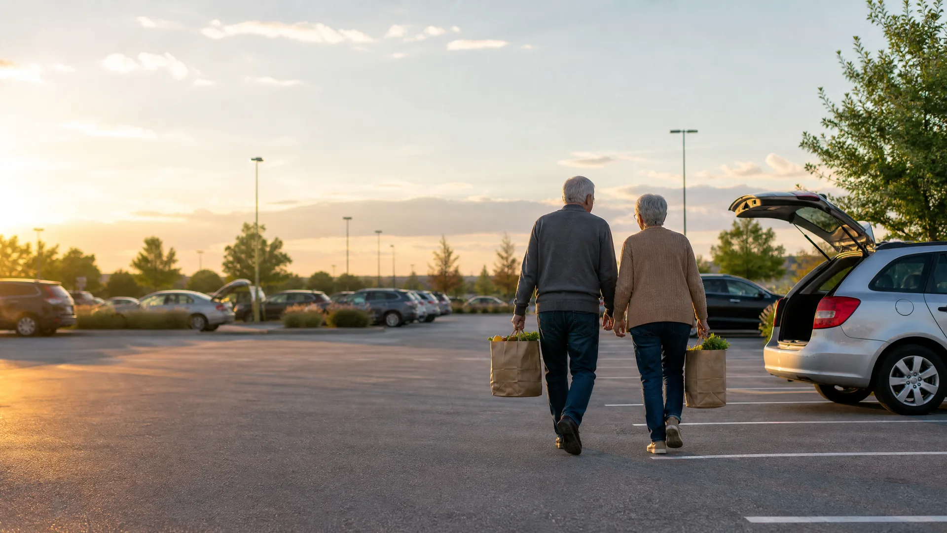 An elderly couple carrying paper grocery bags walks away from the camera across a parking lot toward a silver station wagon with its tailgate open, at sunset.