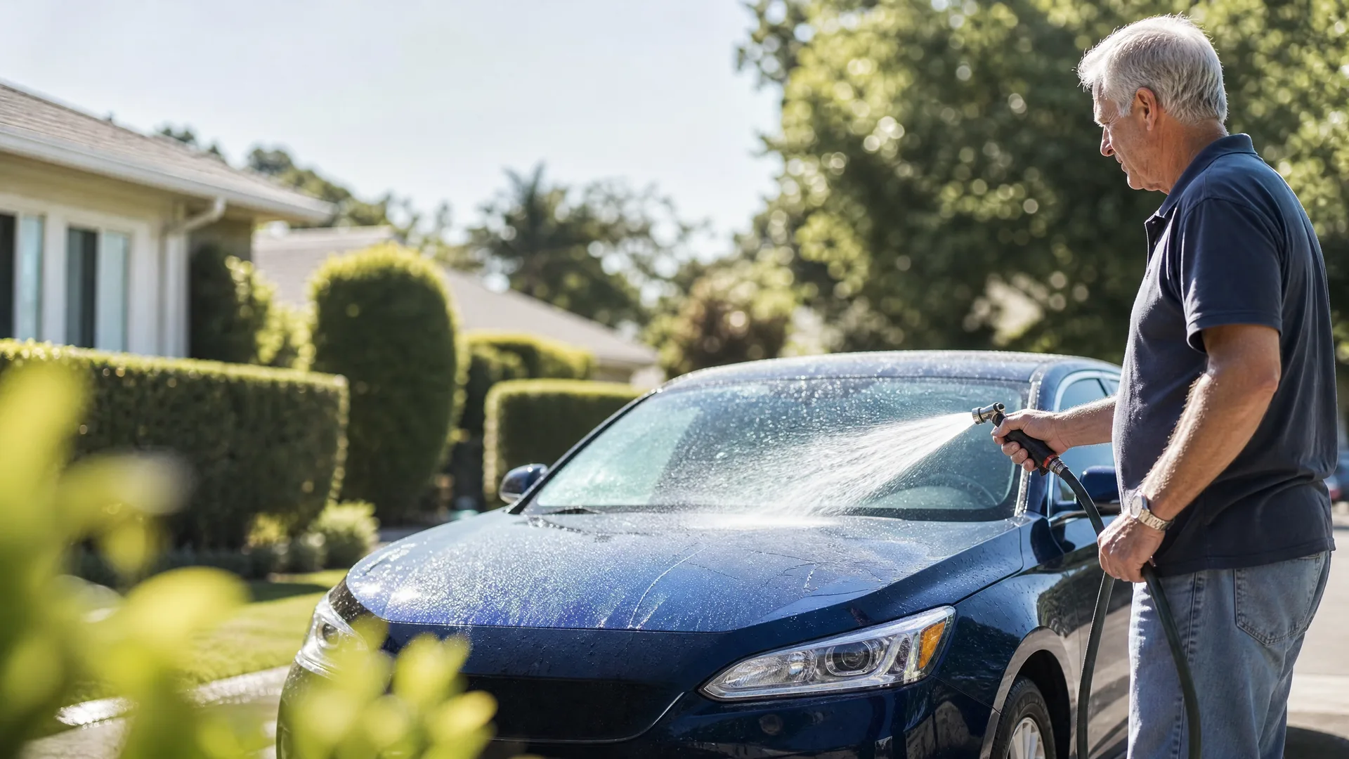 An older man in a dark polo shirt sprays water from a hose nozzle onto the windshield of a dark blue car parked in a driveway, with a single-story house and hedges in the background.