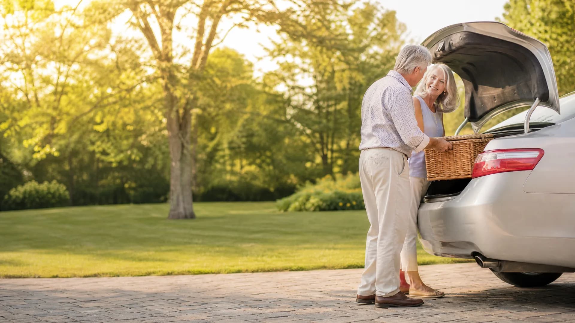 An older couple places a wicker basket into the open trunk of a silver sedan parked on a paved driveway beside a lawn and trees.