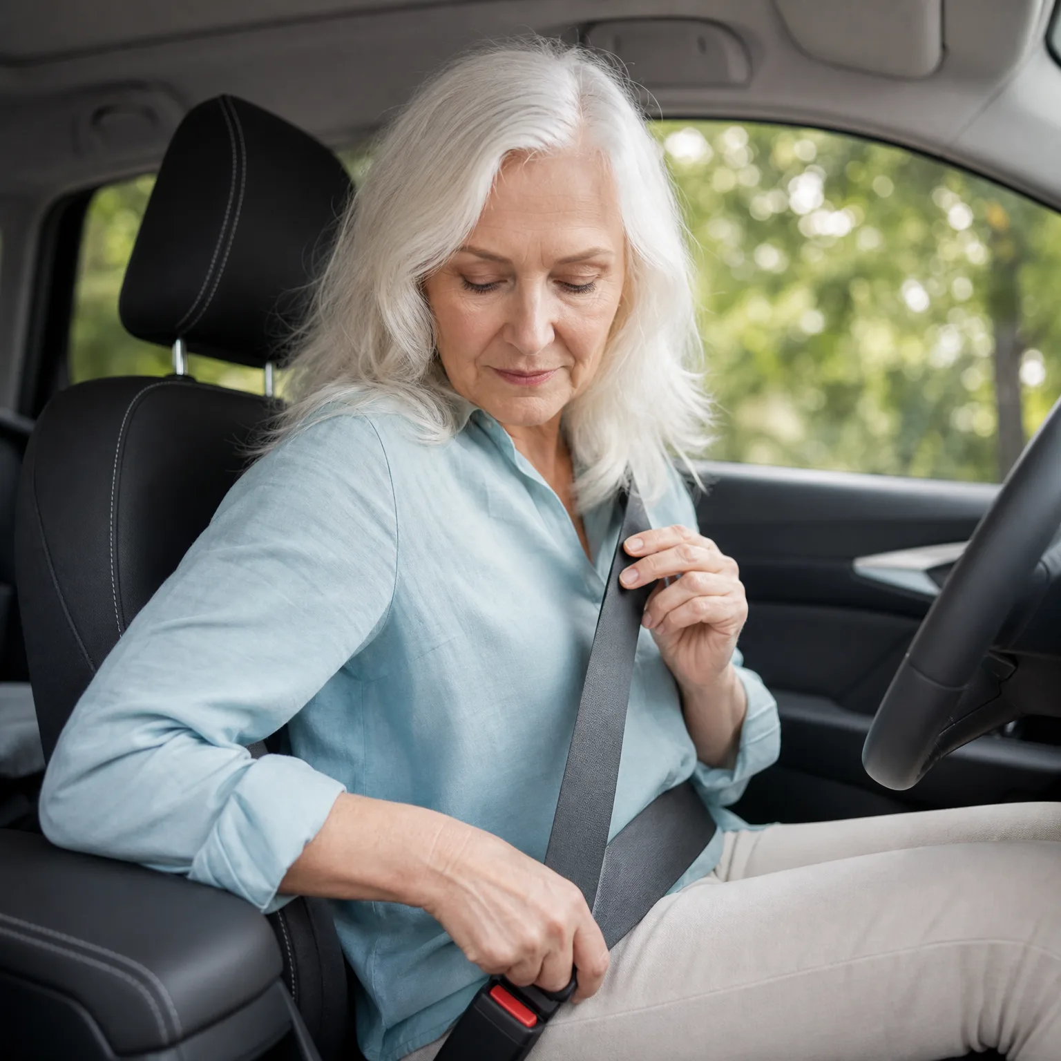 A woman with long white hair in a light blue shirt sits in a car's driver seat and fastens her seat belt, with green foliage visible through the windows.